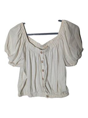 Rebellion Linen Blend Cream Puff Sleeve Cropped Blouse Size Large